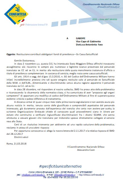 Lettera a GABDIFE su restituzione contributi obbligatori fondi di previdenza – Ex Cassa Sottufficiali