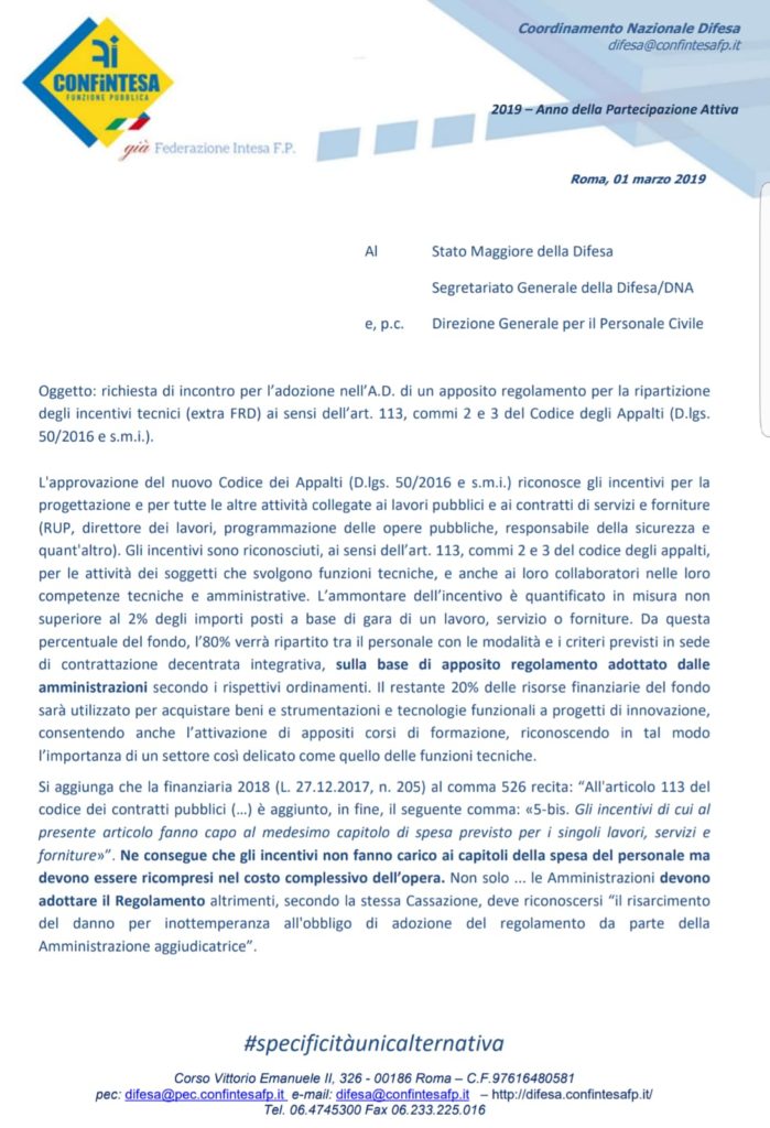 Confintesa chiede l’adozione nella Difesa di un apposito regolamento per la ripartizione degli incentivi tecnici (extra FRD)