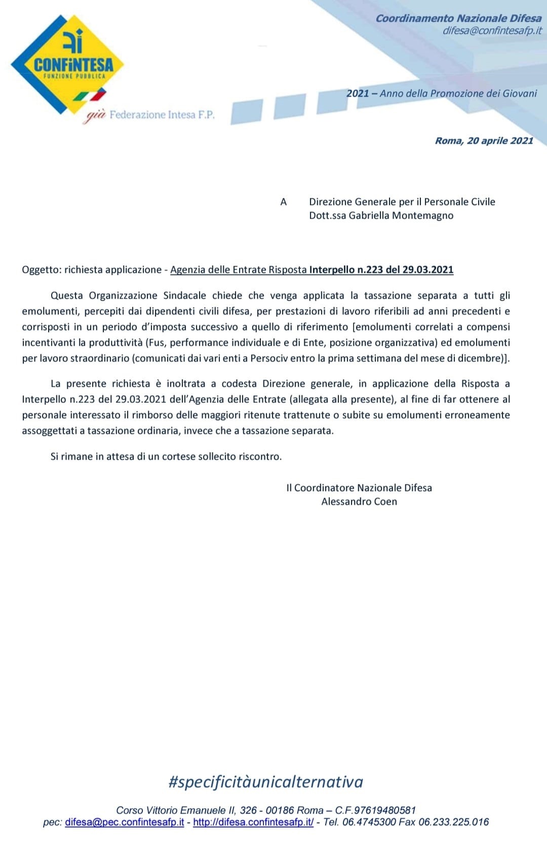 Tassazione separata – richiesta a Persociv l’applicazione – Agenzia delle Entrate Risposta Interpello n.223 del 29.03.2021